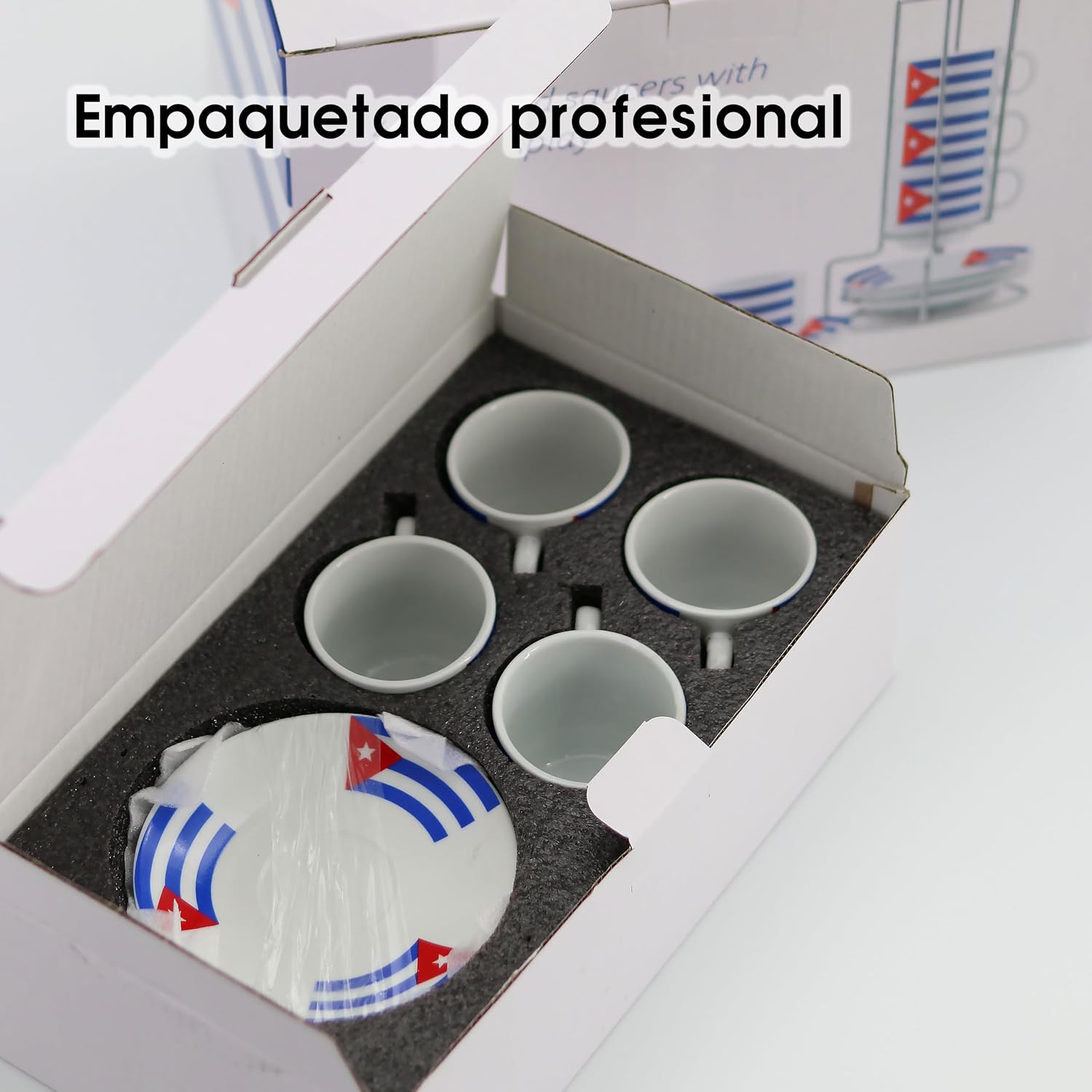 YSSER Cuban Flag 3.0 fl oz Espresso Cup Set, Space-saving Stacking Mug Set 4 Cups and Saucers with Metal Stand
