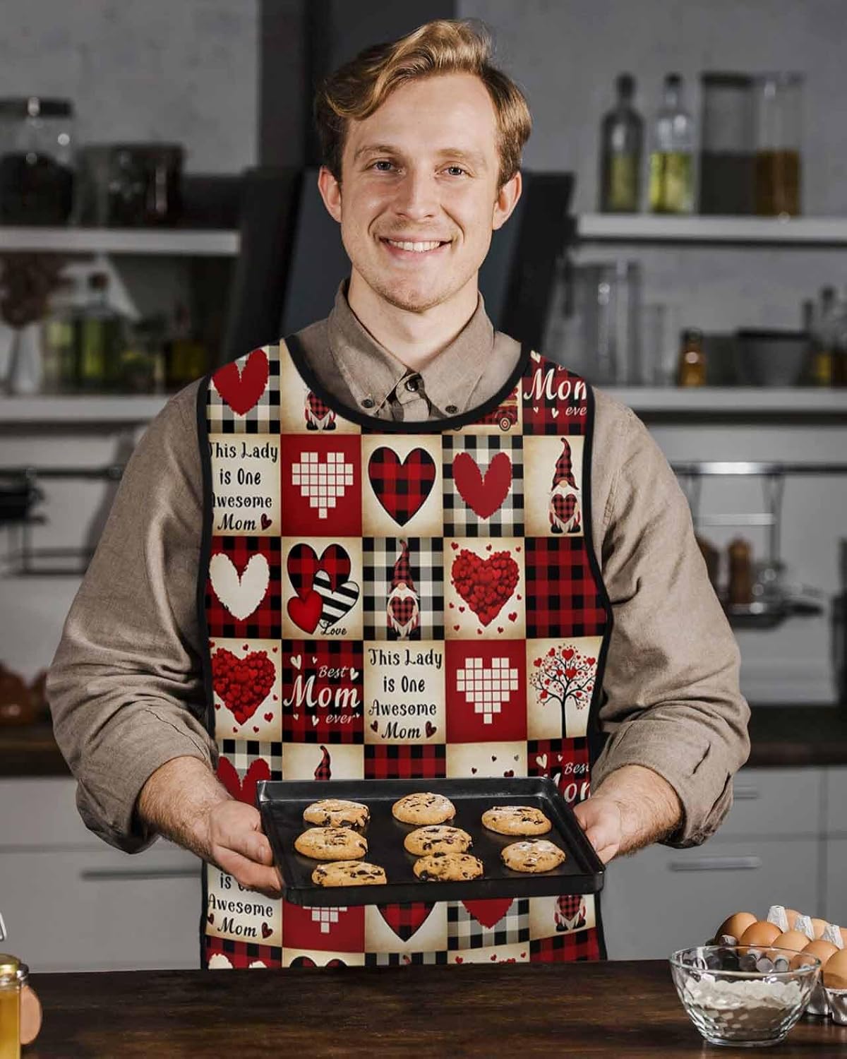 Red Love Gnomes Plaid Truck Cobbler Aprons with 2 Pockets for Women Men, Happy Mother's Day