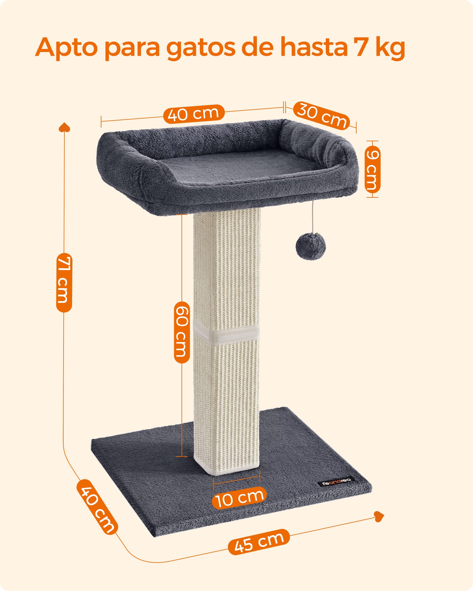 Feandrea Árbol para Gatos, Rascador de Felpa 40 x 30 cm, 71 cm de Altura, Columna con Sisal Tejido, Base de 45 x 40 cm, con Pompón, Gris Oscuro PCA022G01