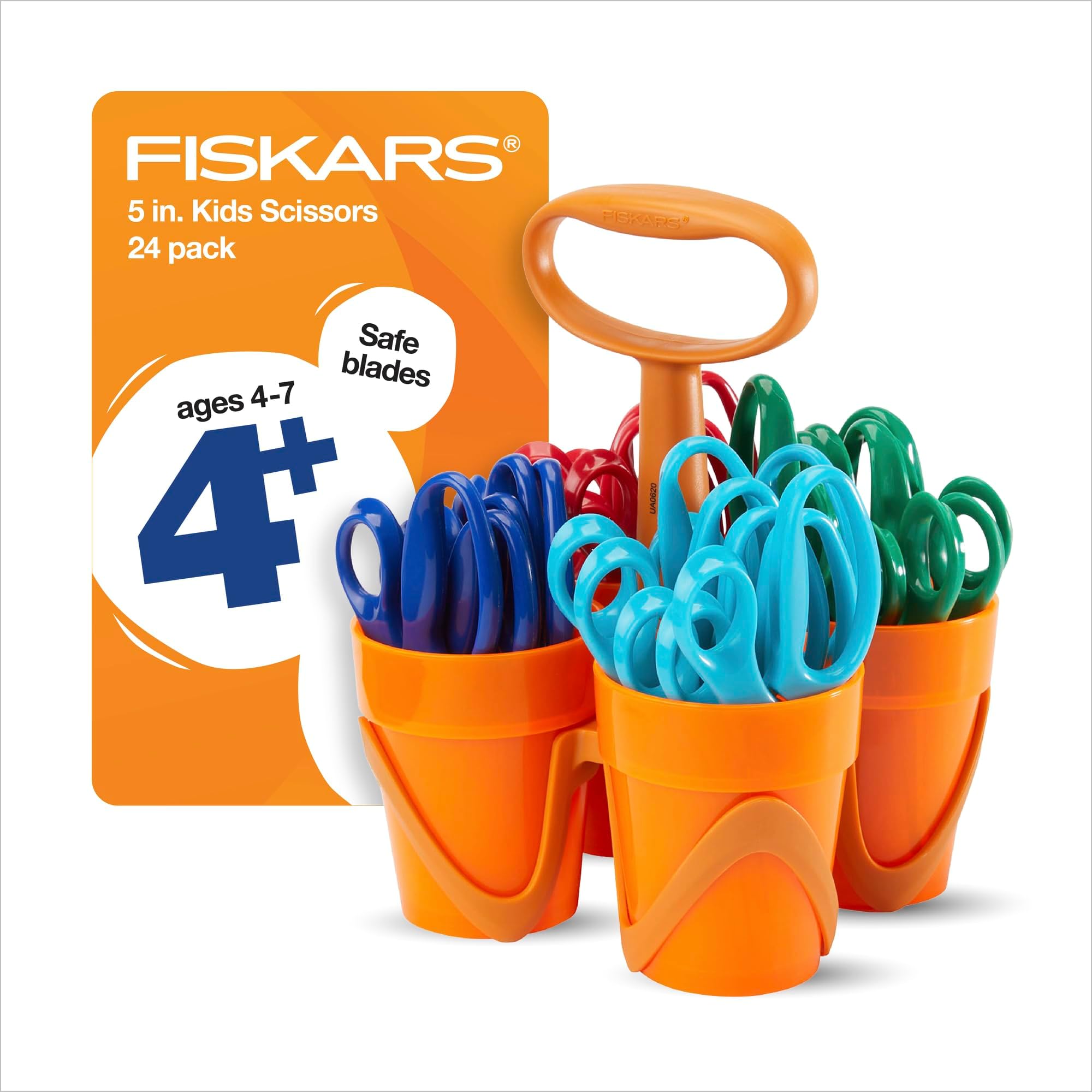 Fiskars 5" Pointed-Tip Scissors Classpack for Kids Ages 4-7 with Art Caddy Organizer (24-Pack), Kids Scissors for School or Crafting, Back to School Supplies, Assorted Colors