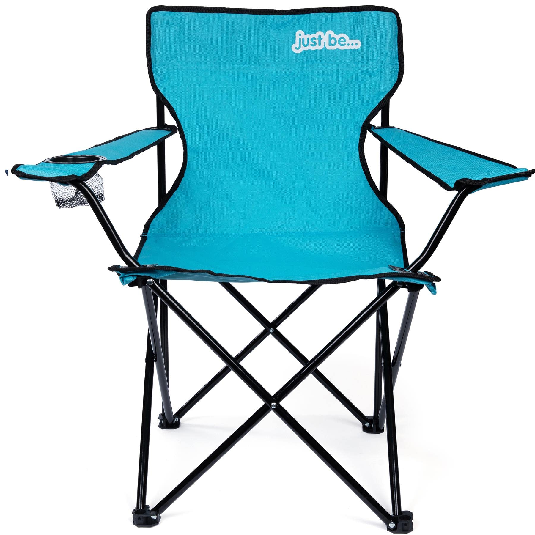 just be... Lot de 2 chaises de camping légères et pliantes avec accoudoirs, porte-gobelet et sac de transport, toile en polyester, cadre en acier tubulaire, bleu clair/bordure noire
