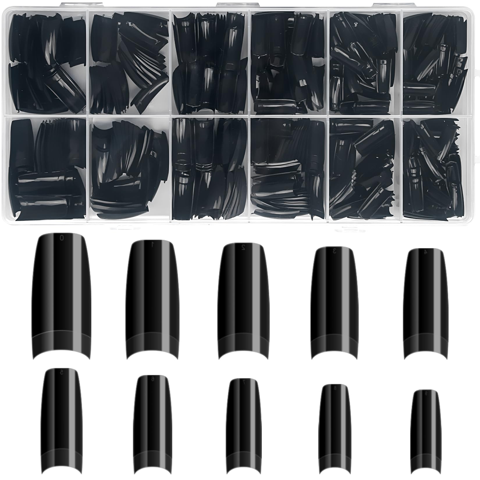500PCS Black Half Cover Nails Tips, krofaue Lady French Style Acrylic Artificial Tip Manicure with Box of 10 Sizes Black Press on Nails for Nail Art Salons and Home