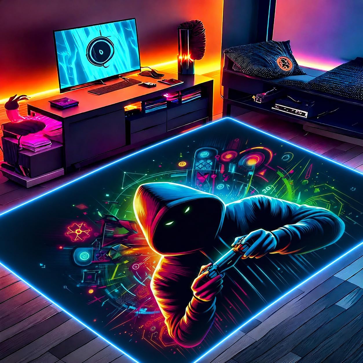 Gaming Rug RGB LED Light (3x5 Gamer) - Bedroom Gamer Rug Floor Mat Gaming Decor - Kids Room Rug Anti Slip Mat for Chair – Play Game Room Décor for Teen, Boys, Kids