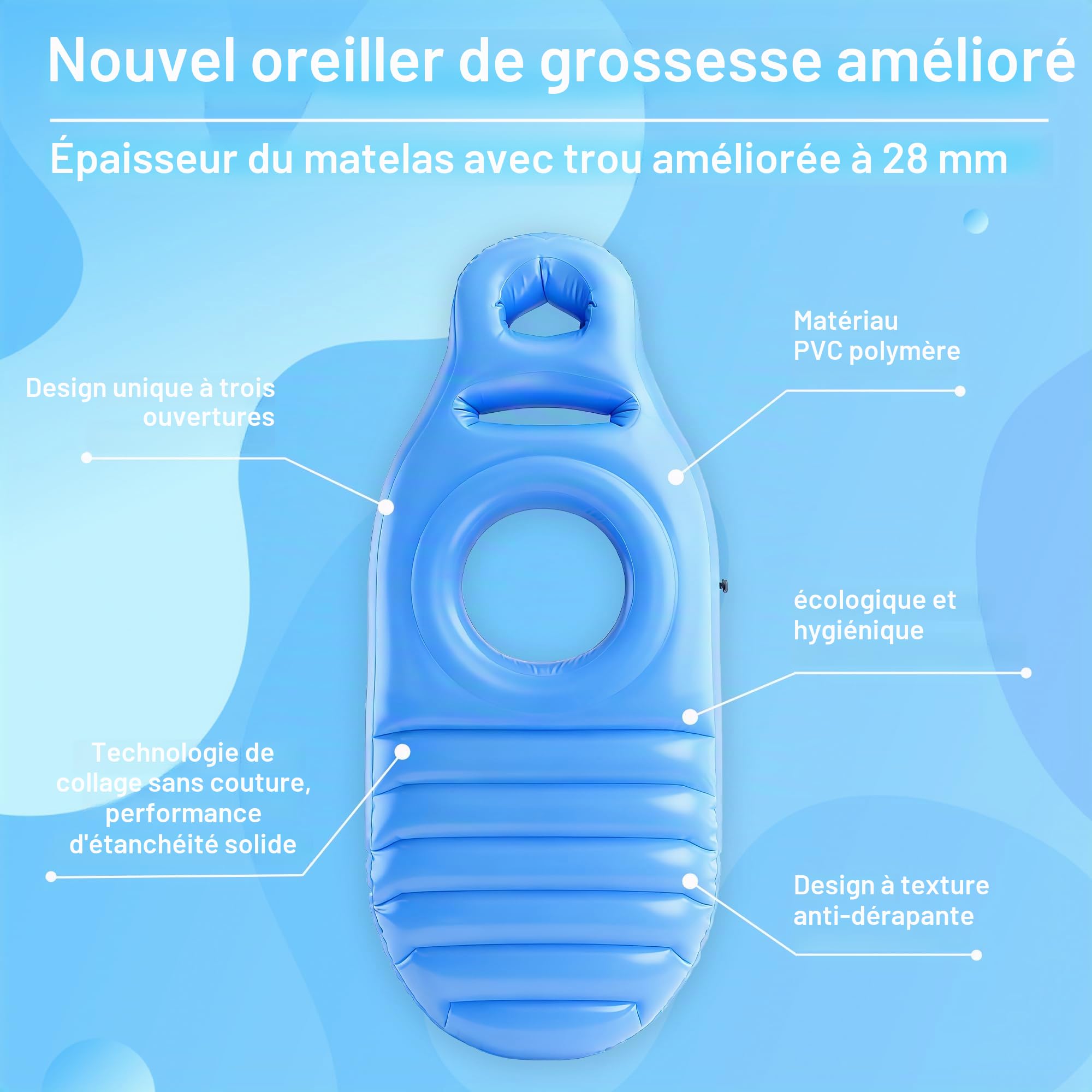Oreiller de grossesse gonflable, matelas gonflable en PVC perforé, tapis de grossesse, oreiller de ventre confortable,flotteur pour dormir sur le ventre, flotteur de piscine pour grossesse (avec pompe