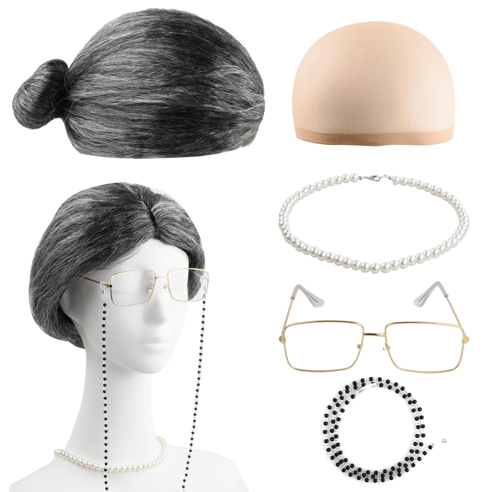Set Di 6 Accessori Per Costume Da Nonna, Parrucca Bianca, Occhiali, Bastone, Collana Di Perle, Per Halloween E Feste In Costume