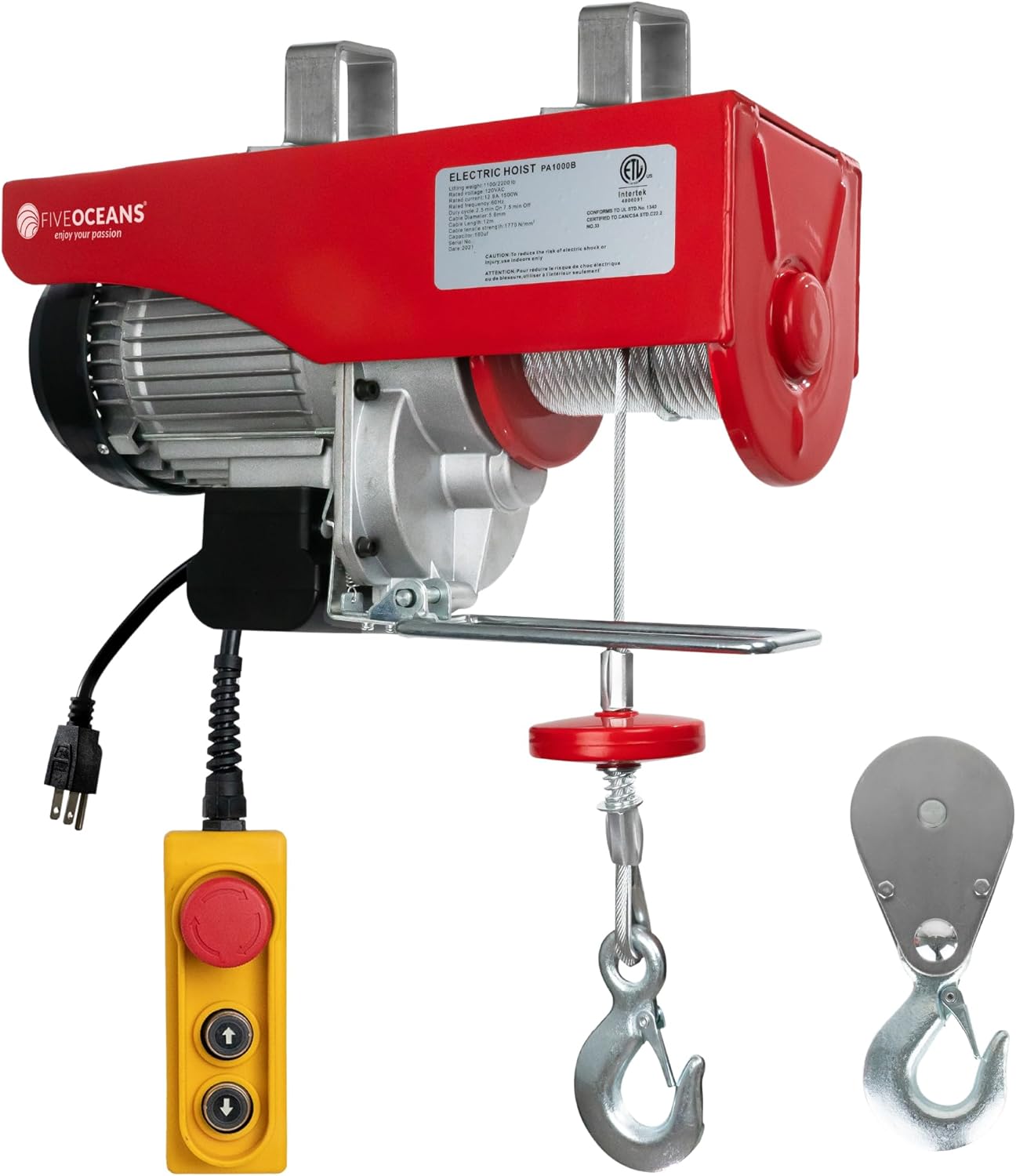 Five Oceans Electric Hoist, Hoist Pulley System, Pulley Hoist, 2200 Lb Lift Electric Winch with 6FT Remote Control 120 Volts, for Garage, Factory Lifting with Emergency Stop Button - FO3820
