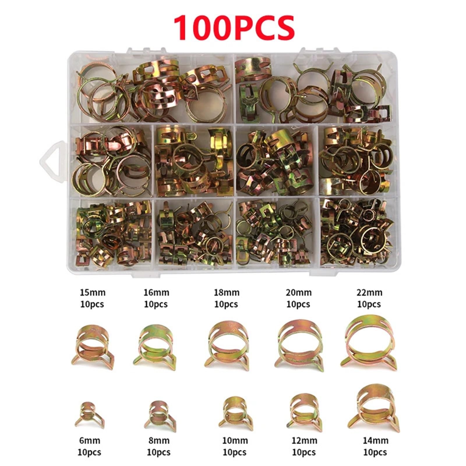 Juego de abrazaderas de manguera con resorte de 100-165 piezas, sujetadores de tubería de metal de 6-22 mm for tubos de combustible, aceite, agua y gases(100pcs)