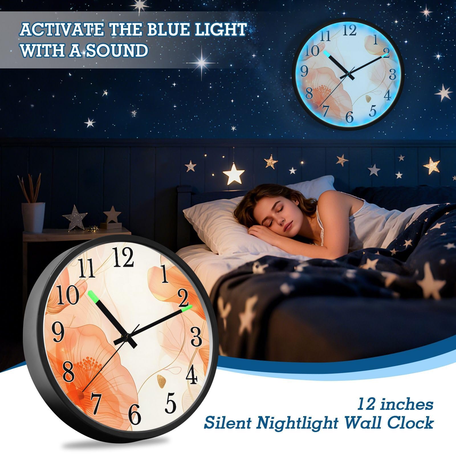 Mnsruu Reloj de pared luminoso naranja con copias de flores, hojas de plantas, reloj de dormitorio, funciona con pilas, reloj silencioso que brilla en la oscuridad, para sala de estar, cocina, 12