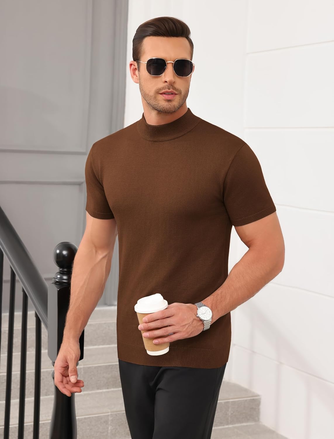 Vssjavun Men's Mock Turtleneck Sweater Short Sleeve Turtle Neck Knit Pullover Sweaters Casual Basic Tee - Image 3
