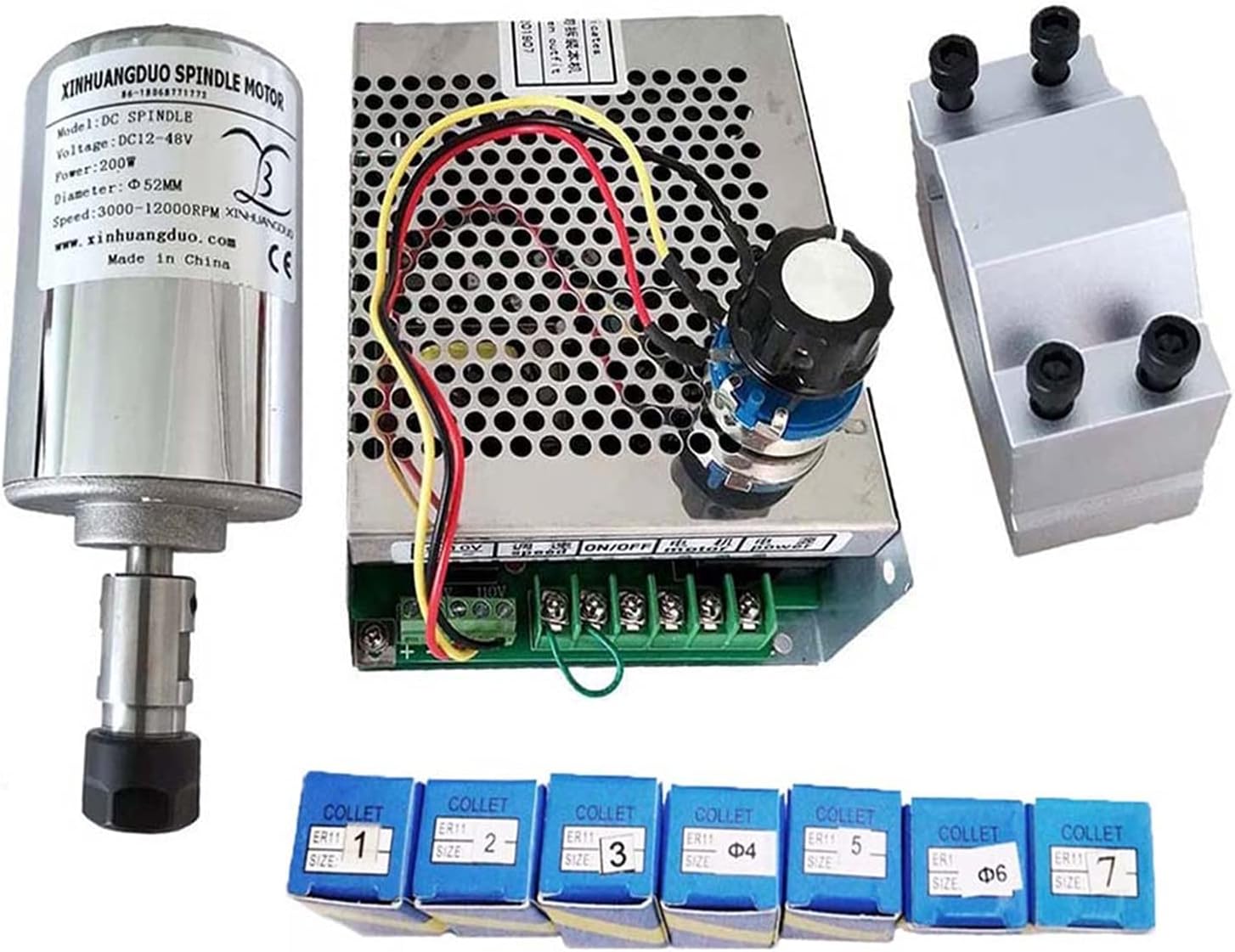 CNC Spindle Motor Air Cooled 0.2kw CNC spindleMotor Kit ER11 Chuck 200W Spindle Motor/Power Supply Speed Governor for Engraving for CNC Router Engraving Milling Machine (Color: Package 6) (Package 6)