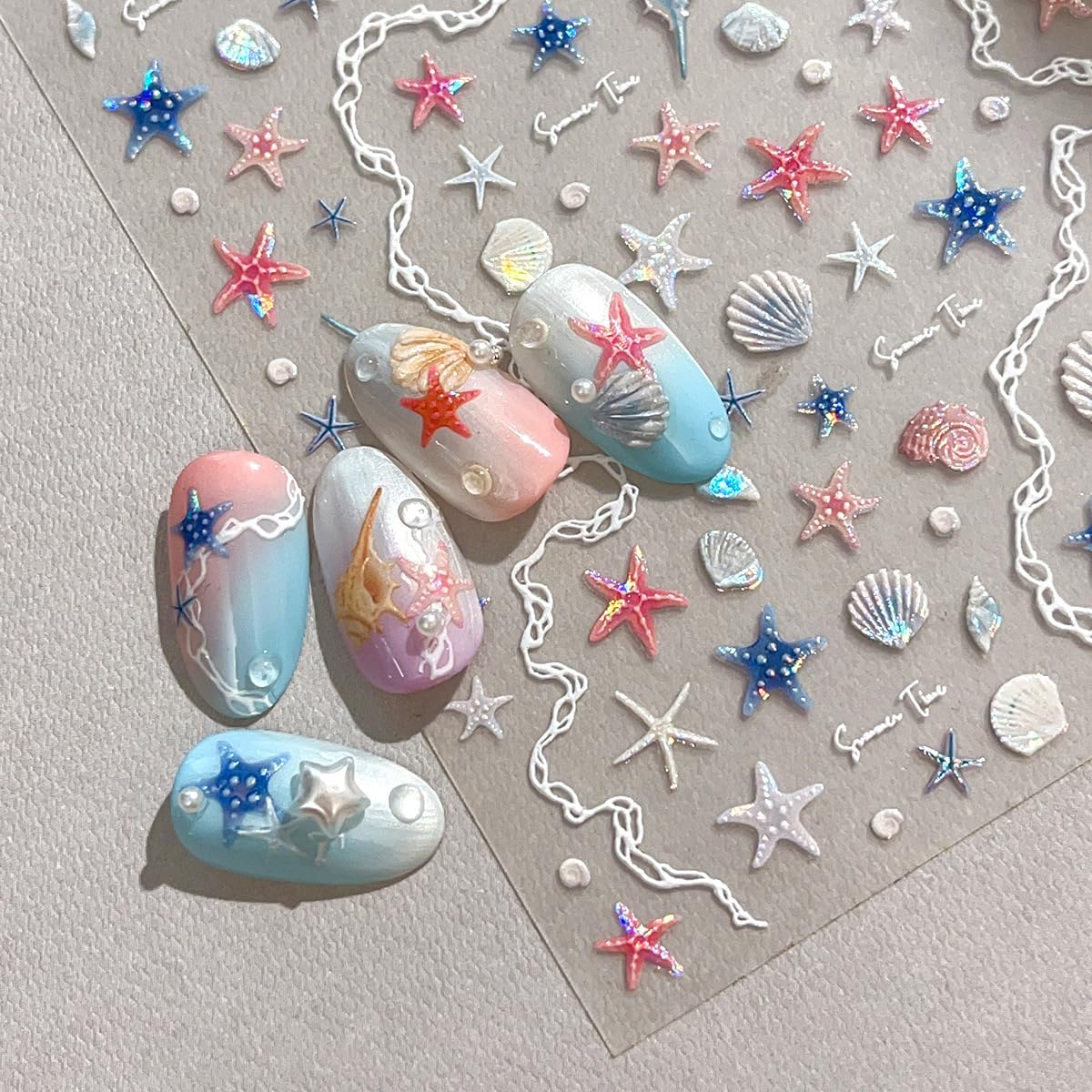 Beach Ocean Nail Stickers Summer Starfish Shell Nail Art Stickers 3D Laser Colorful Coral Pearls Embossed Nail Decals 2Pcs Self Adhesive Design Sticker Nail Art Decoration Supplies for Women Girls image 2
