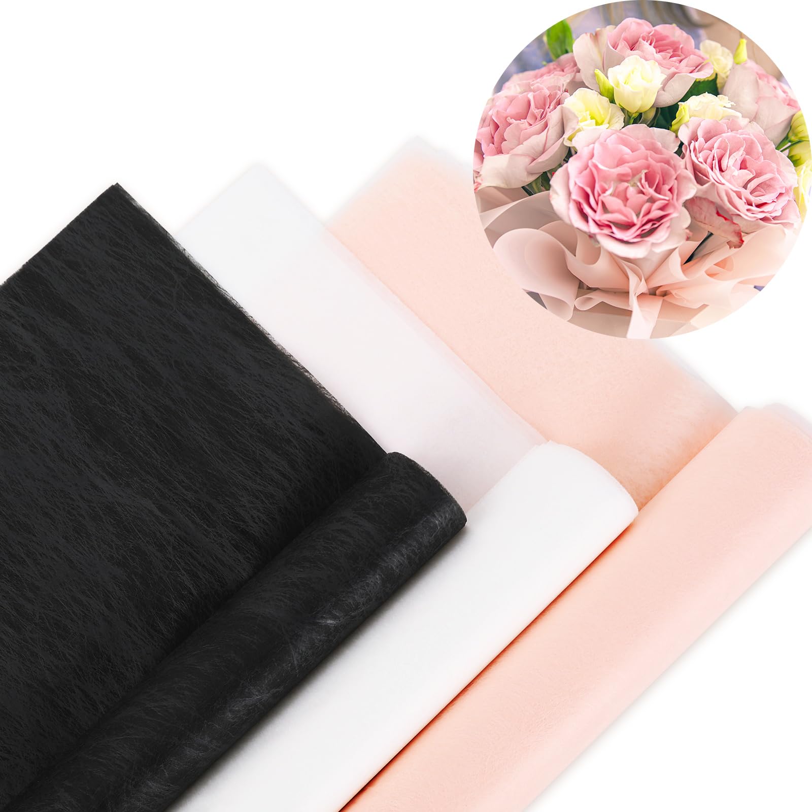 JarThenaAMCS Valentine's Day Korean Cotton Floral Wrapping Paper 60 Sheets Non-Woven Black Pink White Flower Bouquet Lining Paper Waterproof Pleated