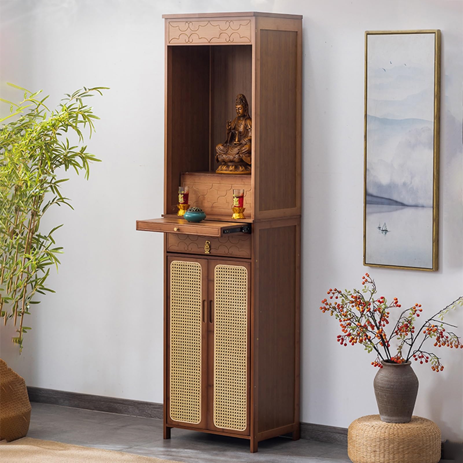 SXZenSpace Personal Shrine Altar Table, Cabinet, Meditation Table Storage Puja with Drawer, Prayer Stand Riser Home Decor, for Living Rooms, Shrines, Temples(Brown,40cm/15.7in)