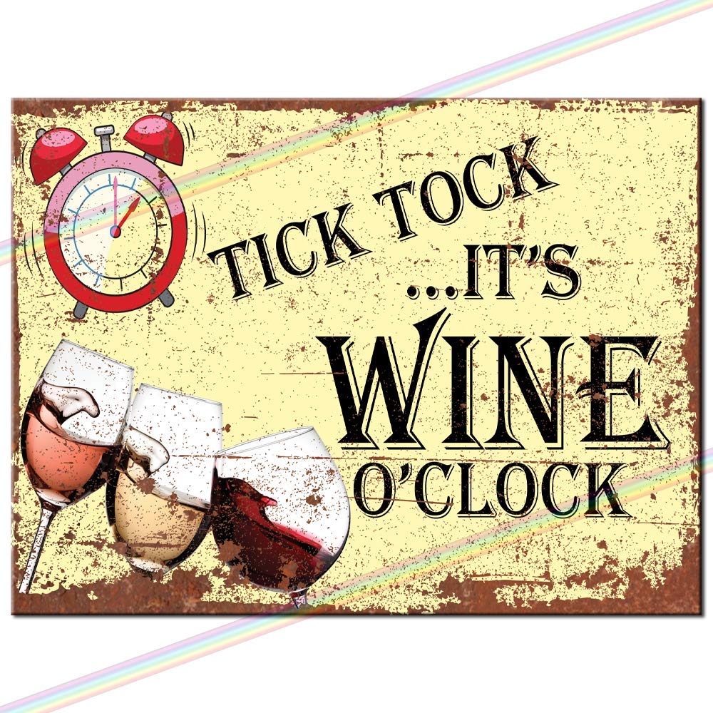 Metal Signs - Tick Tock Wine O'clock Logo. Man Cave Tin Metal Sign Hanging Wall Plaque Kitchen Shed Garage. Small (15cm x 10cm)