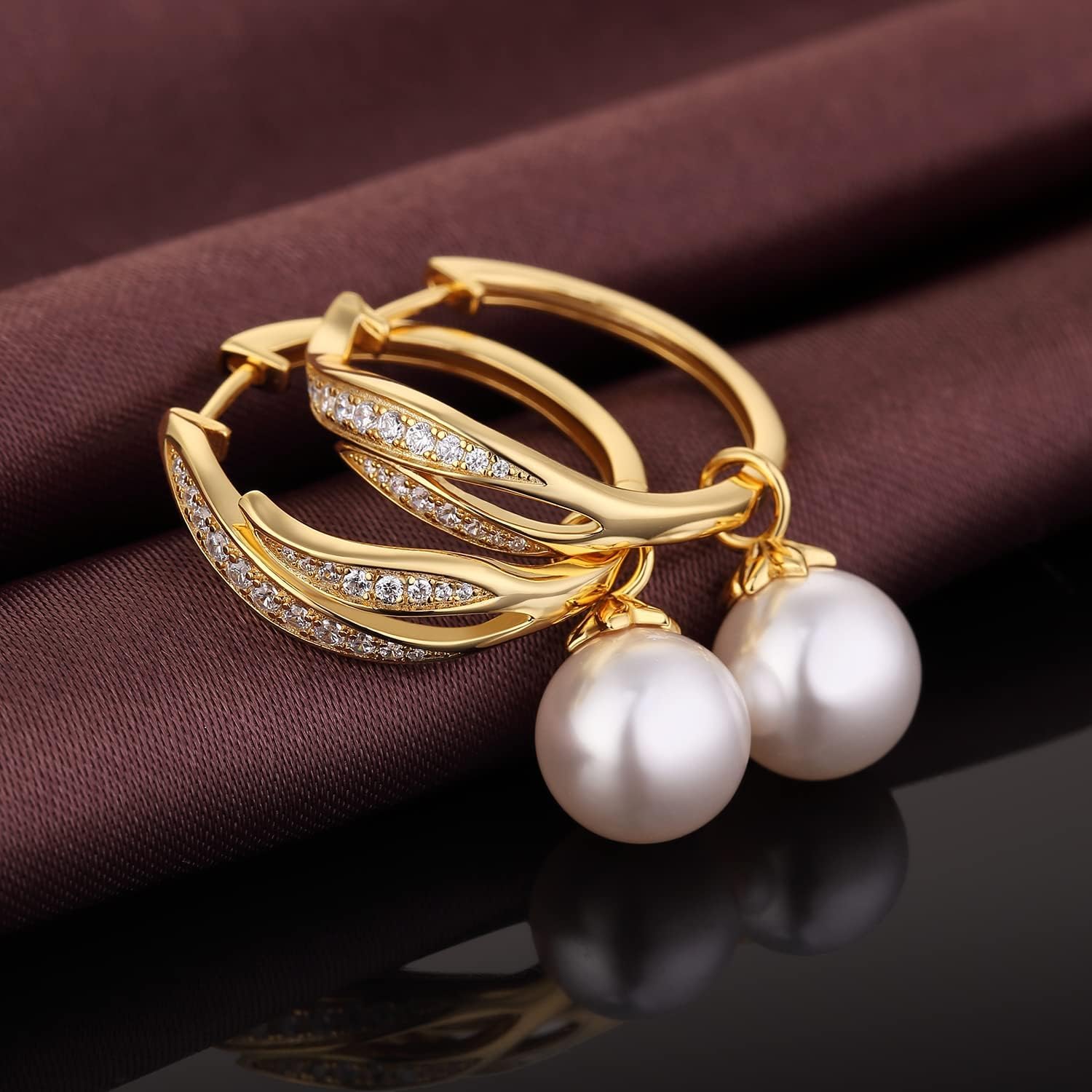 Perlenohrringe 18K Weißgold Plattiert 925 Sterling Silber Creolen mit Weiß Perlen Hypoallergene, Perle 8mm-10mm Edler Schmuck für Damen