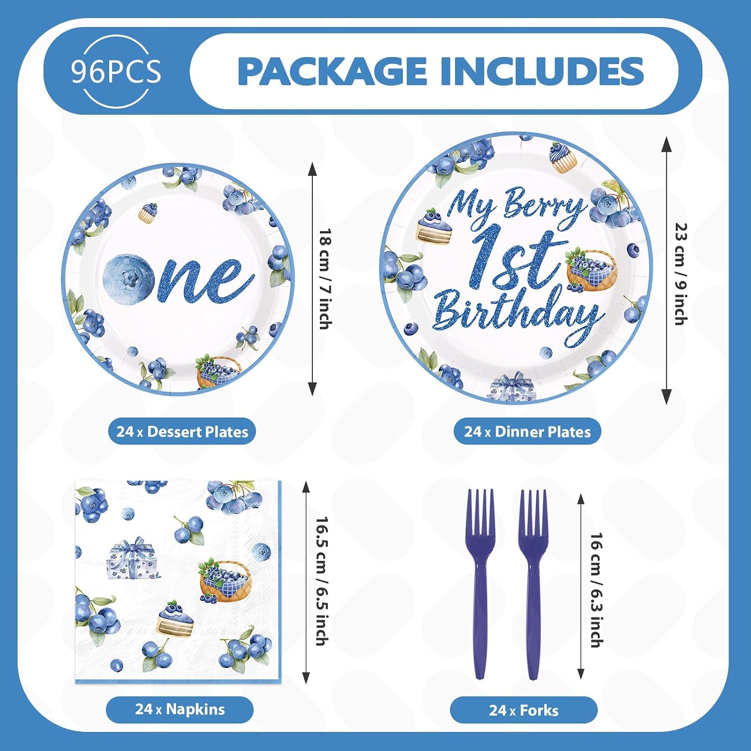 96Pcs BlueBerry 1st Birthday Party Decoration Blueberry Fruit 1st Birthday Themed Plates and Napkins Watercolor Berry Disposable Paper Tableware Set for Party Supplies Serves 24
