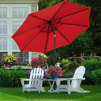 MEWAY 10ft Patio Umbrella Large Market Outdoor Garden Table Deck Pool Backyard Fishing Sunshade Umbrella with Push Button Tilt, Crank and UV Protection10 ft, Red