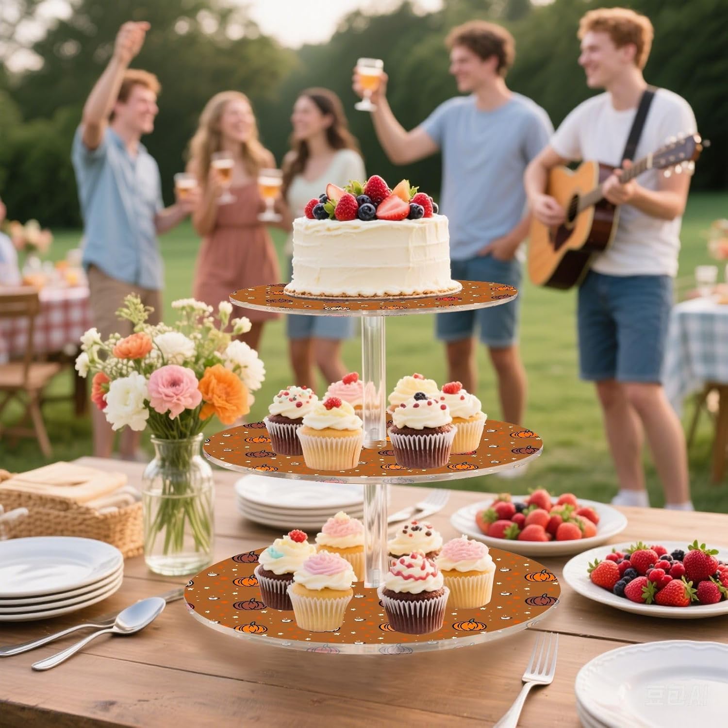Autumn Fall Coffee Pumpkin Thanksgiving 3 Tier Acrylic Cupcake Stand, Cupcake Stand for 34 Cupcakes for Weddings, Christmas,Holidays,Parties,Birthday,Printed Cupcake Tower 23301689