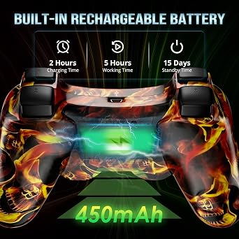 ISHAKO Wireless Controller for PS3/PC, Upgraded Joystick with Dual Vibration and 6-Axis Motion Control, Ergonomic Design (Flames)