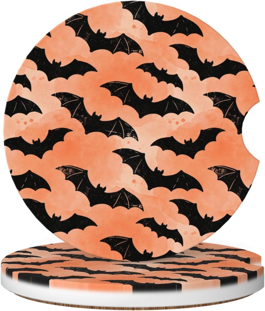 2 Pack Car Coasters Absorbent Ceramic - Halloween Vintage Black Bat Orange Cloud Decor, 2.56" Anti-Slip Cork Base Cup Holder Coasters, Car Interior Accessories for Women Men