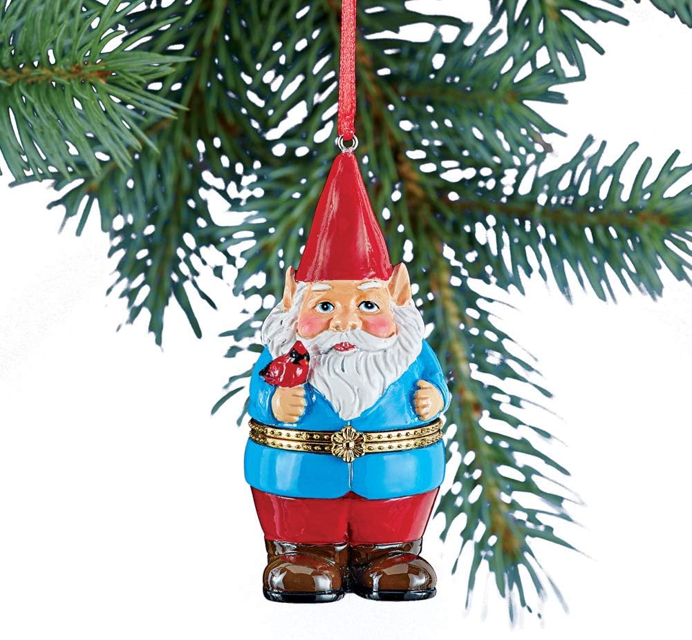 Collections Etc Hand Painted Trinket Christmas Ornaments with Opening Compartment for Small Gifts, Gnome