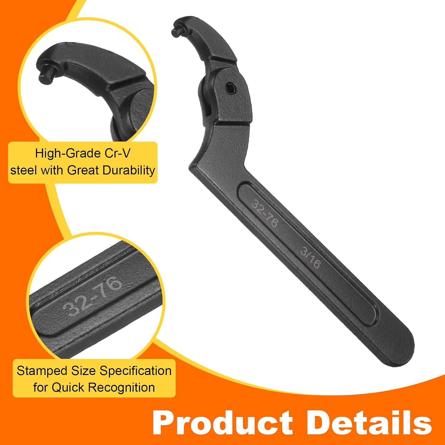 HARFINGTON C Hook Spanner Wrench, 1-1/4 to 3 inches Adjustable C Pin Motorcycle Shock Nut Chrome Vanadium Spanner Wrench Tool with 3/16-inch Round Head for Machine, Vehicles, Mechanical