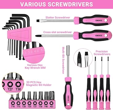 DEKO 138 Piece Pink Tool Kit Complete Home Tool Set with Claw Hammer, Adjustable Wrench, Combination Pliers, Screwdriver Set, Tape Measure - Basic Household Repair Toolbox for DIY Projects