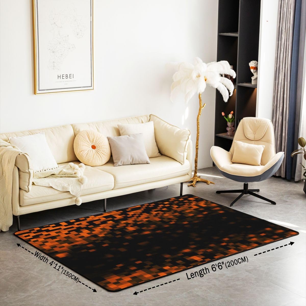 Castle Fairy Miner Grid Game Area Rug Black Orange Geometric Plaid Non Slip Rug for Kids Teens Adults Pixel Style Decor Gamepad Gamer Indoor Floor Mat for Chairs Office 3'x5'