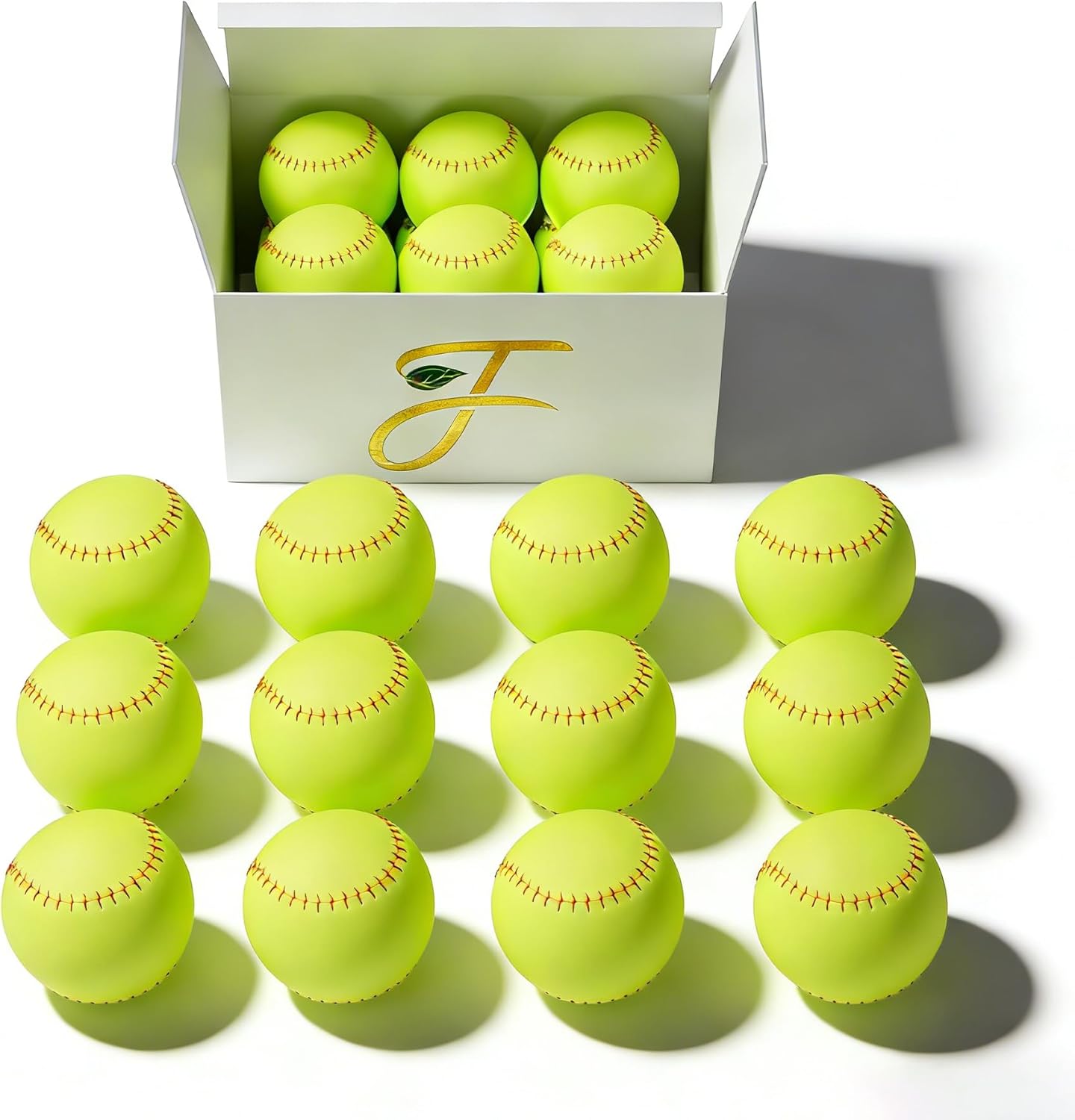 filori 12 - Inch Slow - Pitch Softballs | Official Size & Weight | Leather Cover | Solid Cork Core | Unmarked Training Balls for Practice, Games & Drills - Optic Yellow with Red Stitching