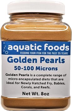 Golden Pearls 50-100 Micron Powder New Fry, Babies of Shrimp, Axolotls, Discus, Cichlids, Catfish, Tetras, Angel Fish, Guppies, Bettas, Goldfish, Corals, Reefs ...8oz Small Jar