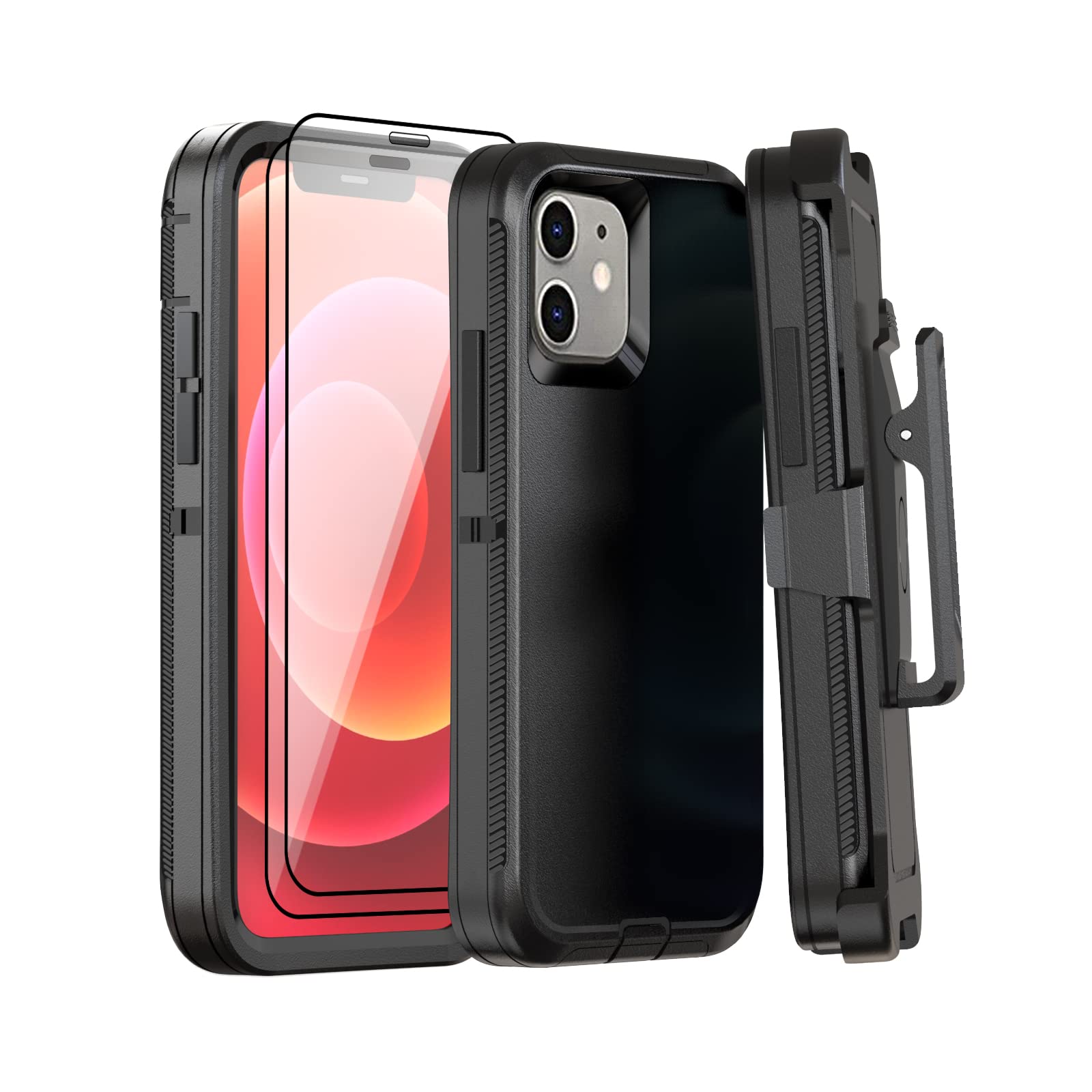 GYJ for iPhone 12/for iPhone 12 Pro Case 6.1" Belt-Clip Kickstand Holster with 2 Screen Protector,Full Body Rugged Heavy Duty Military Grade Shockproof/Drop Protection Cover (Black+Clip)