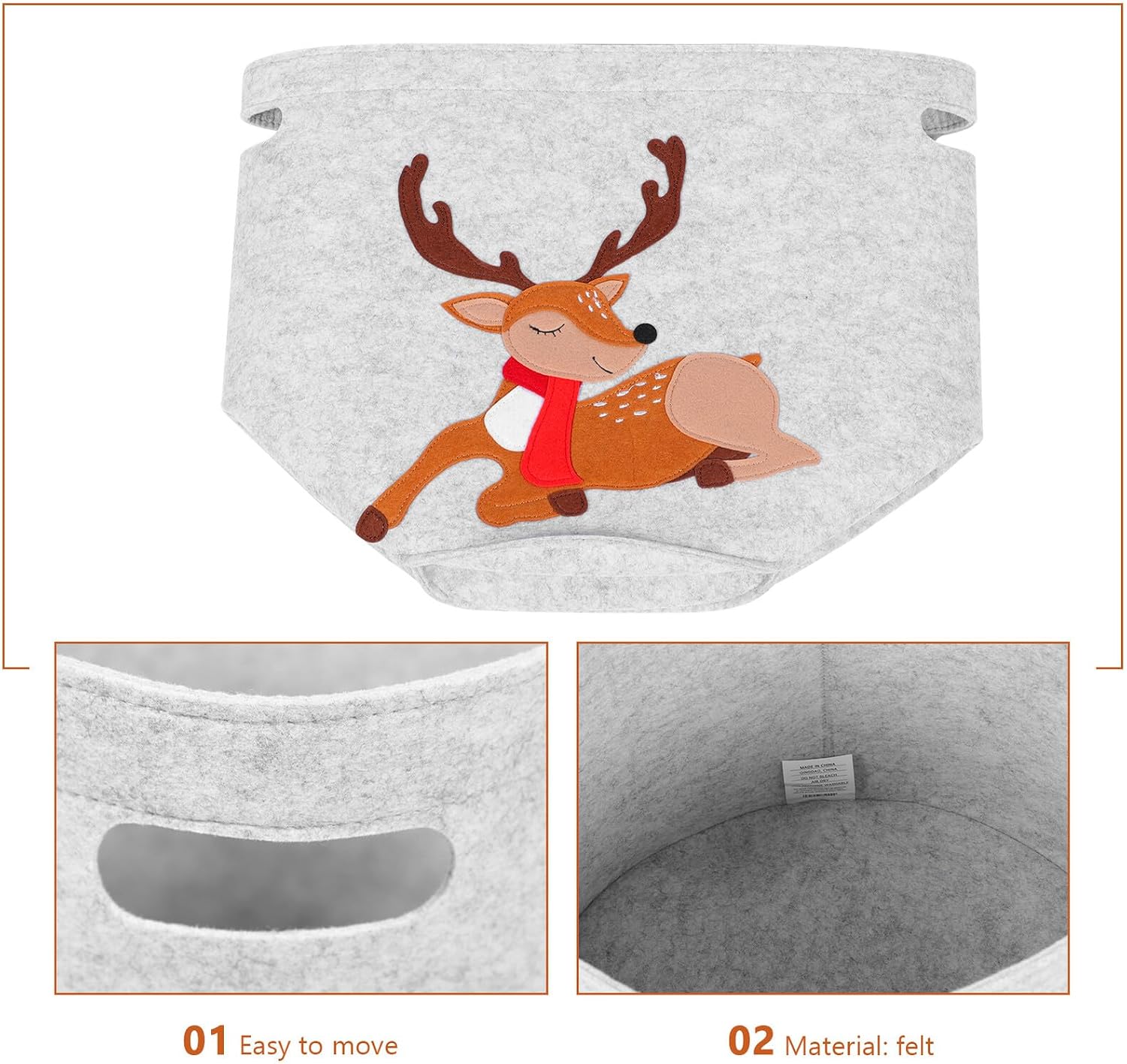 FAVOMOTO Christmas Cartoon Storage Basket Thickened Felt Embroidered Deer Laundry Hamper 35x32cm Gray Multi-purpose Organizer for Bedroom Nursery