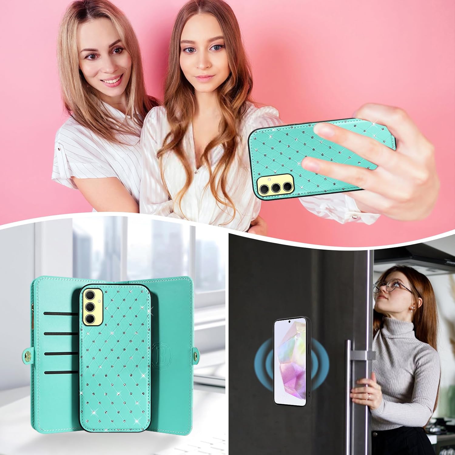 Asuwish Phone Case for Samsung Galaxy A35 5G Zipper Wallet Detachable Cell Cover with Tempered Glass Screen Protector Crossbody Lanyard Strap Glitter Flip Card Holder Slot A 35 35A A355G Women Teal