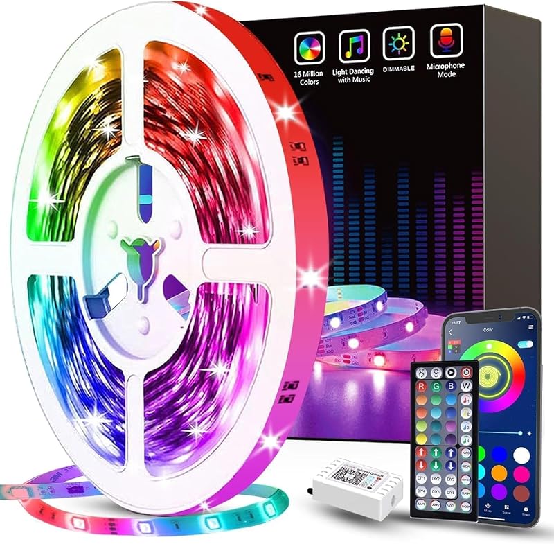 Tenmiro Tira de luces LED de 50 pies, luces LED inteligentes, tira de sincronización de música, luces que cambian de color, control de aplicación y control remoto de 23 teclas, luces LED para dormitorio, fiesta, decoración del hogar