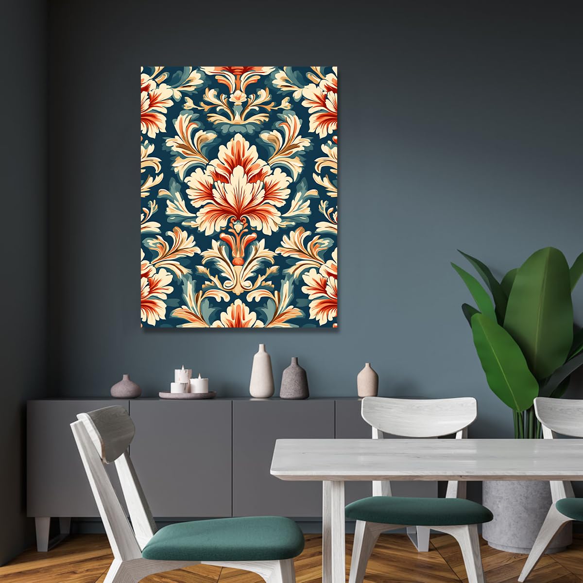 YUNART Vintage kwiatowy obraz na płótnie barokowy Scrollwork nadruki kwiatowe nadruki botaniczne do dekoracji łazienki, biura, gotowe do zawieszenia, 65 x 100 cm, rama wewnętrzna