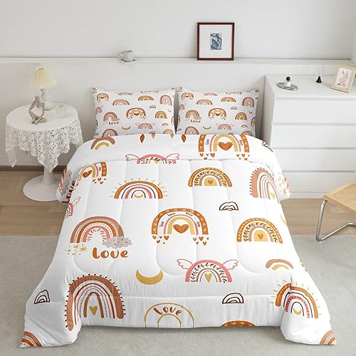 Juego de edredón de arcoíris para niños, juego de edredón de decoración Kawaii tamaño individual para niños y niñas, juego de ropa de cama de