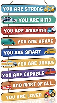 KAIRNE Inspirational Phrases Wall Plaque Colorful Construction Car Hanging Sign Boys Room Decor Motivational Quotes Wall Art Positive Phrases You Are Kind Hanging Plaque for Nursery Kids Bedroom Decor