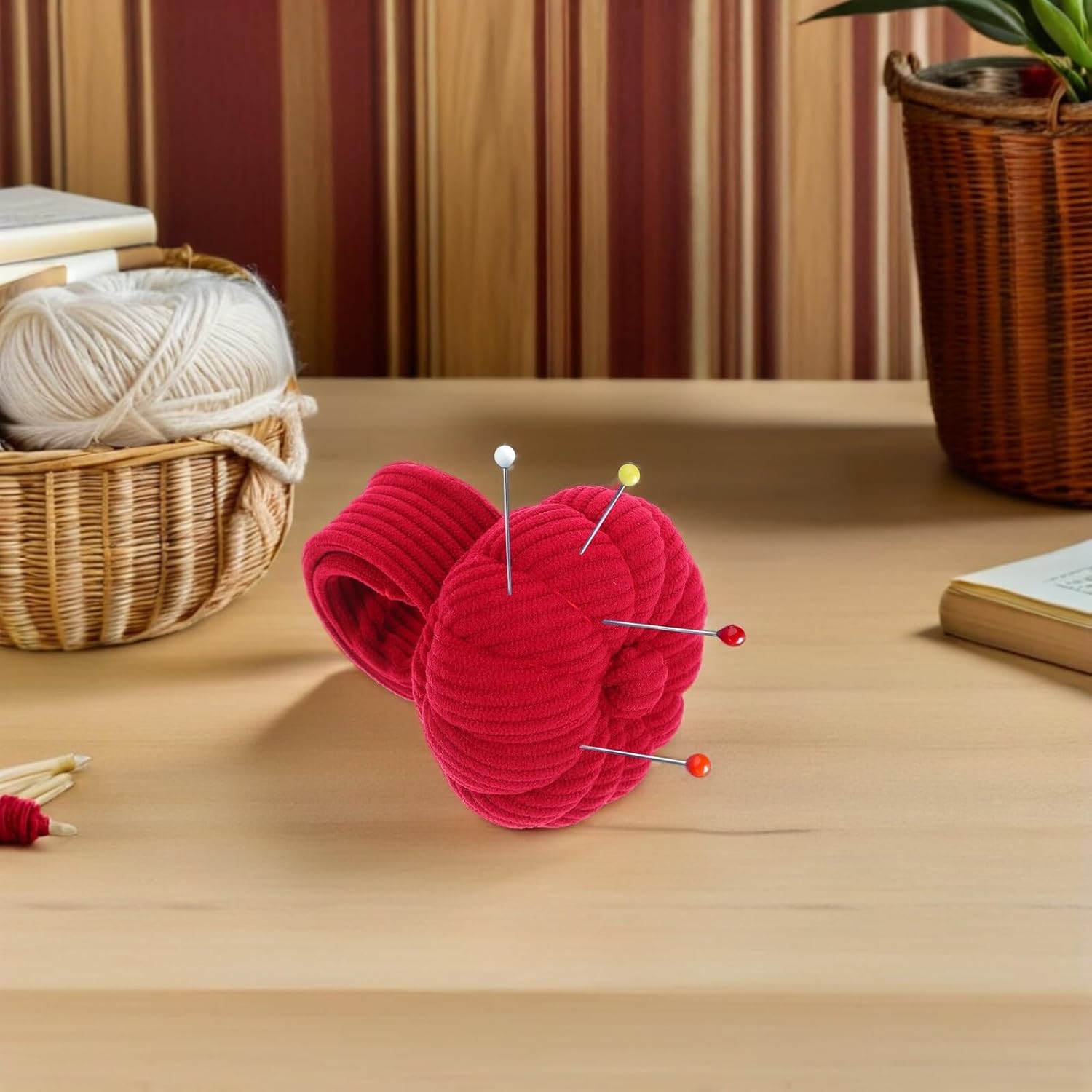 Beatifufu Elastic Wrist Pin Cushion Pumpkin Shape Sewing Pincushion Bracelet with Elastic Strap for Quilting and Needlecrafts Dark Red Sewing Accessories
