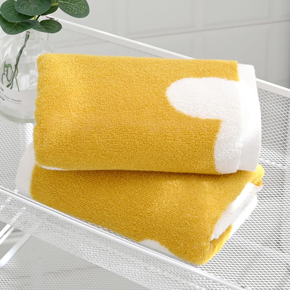 sense gnosis Yellow Hand Towel Set of 2 Heart Pattern Super Soft 100% Cotton Absorbent Decorative Hand Towel for Bathroom 13 x 29 Inch - Image 4