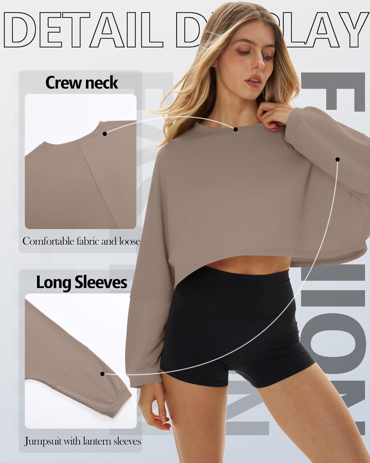 3 Pack Women's Lantern Long Sleeve Oversized Crop Tops Crew Neck Loose Pullover Sweatshirts Casual Workout Shirts(Black, Army Green, Khaki,XX-Large) - Image 4