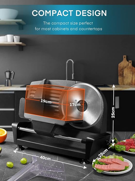 FOHERE Electric Meat Slicer 200W Deli Slicer for Home with Removable Two 7.5 Blades, 0-15mm Precision Thickness Adjustment Knob Cut Deli Food, Meat Ham Bread Fruit, Include Food Carriage, Black
