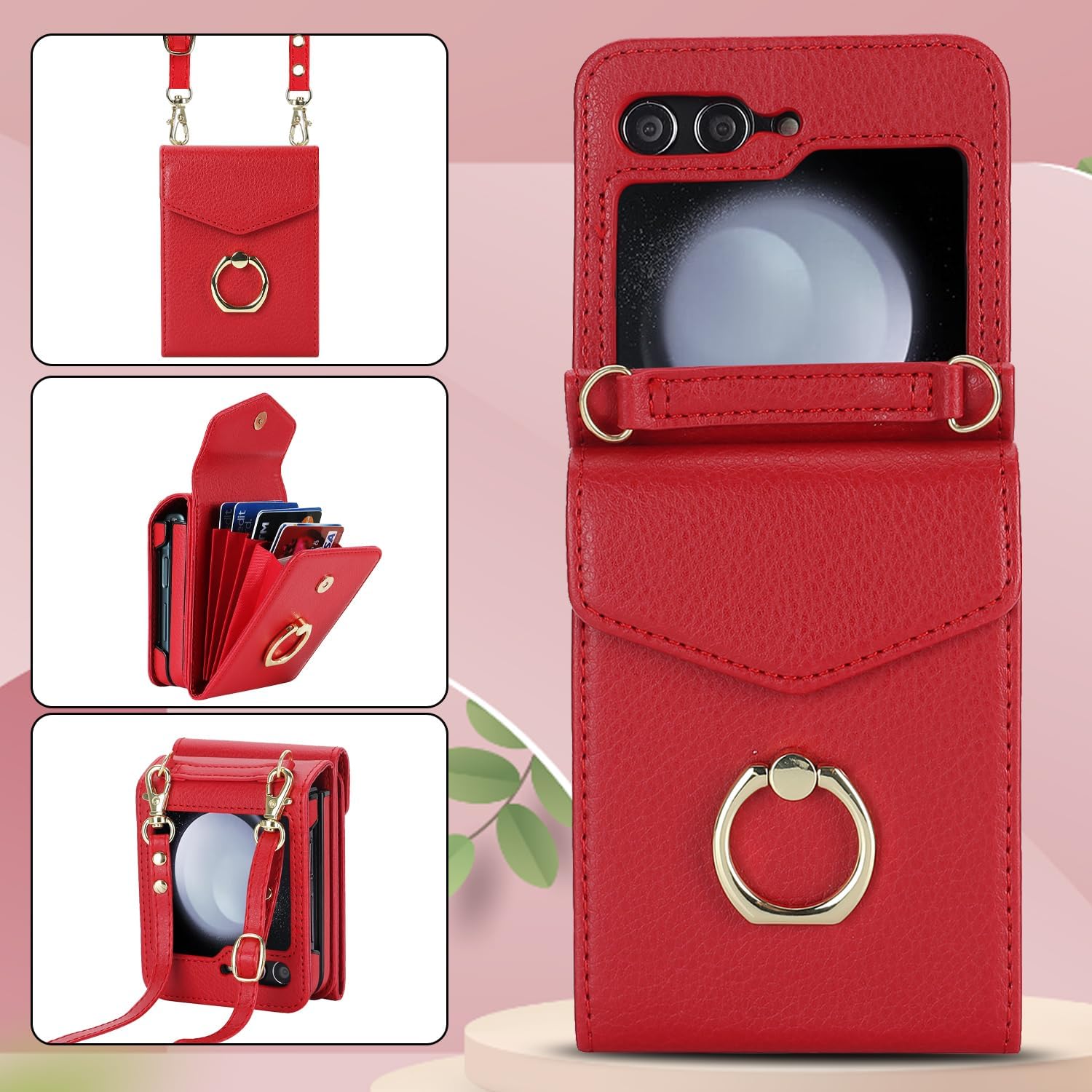 for Samsung Galaxy Z Flip 5 Wallet Case with Loop, Card Slot, Shoulder Strap, Crossbody. Fashion Galaxy Z Flip 5 Case Red