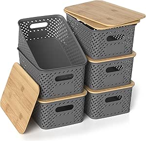 ZFTMRR Plastic Storage Baskets with Bamboo Lids, Stackable Small Box Bins for Organizing and Containers for Shelves Drawers Desktop Closet Pantry Classroom Office Home, 6 Pack 10.2x7.2x4.1 Inch, Gray