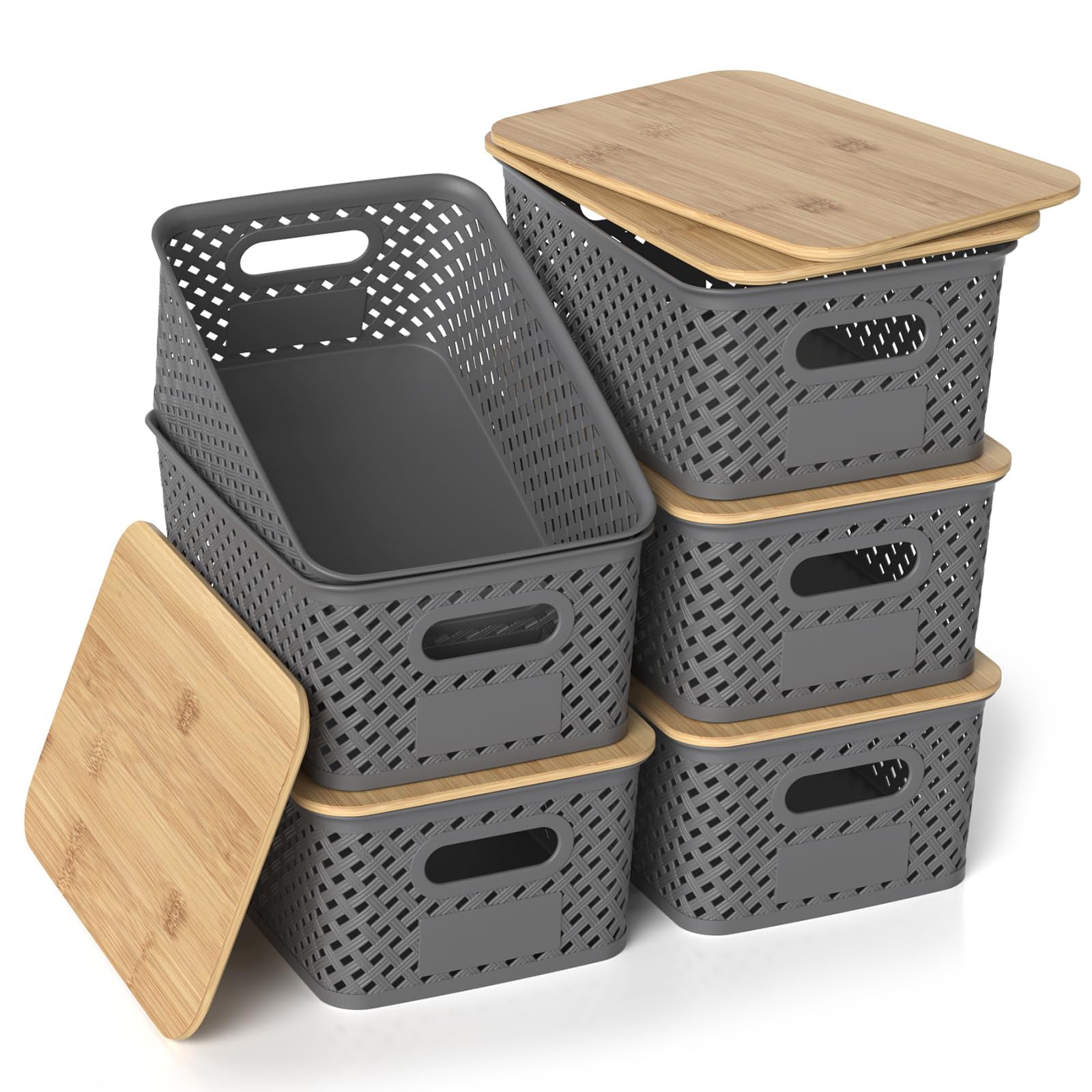 HapiLeap Plastic Storage Baskets With Bamboo Lid, Stackable Plastic Storage Boxes for Organizing Pantry Shelves Drawers Desktop Closet Playroom Classroom Office, 6 Pack (Grey)