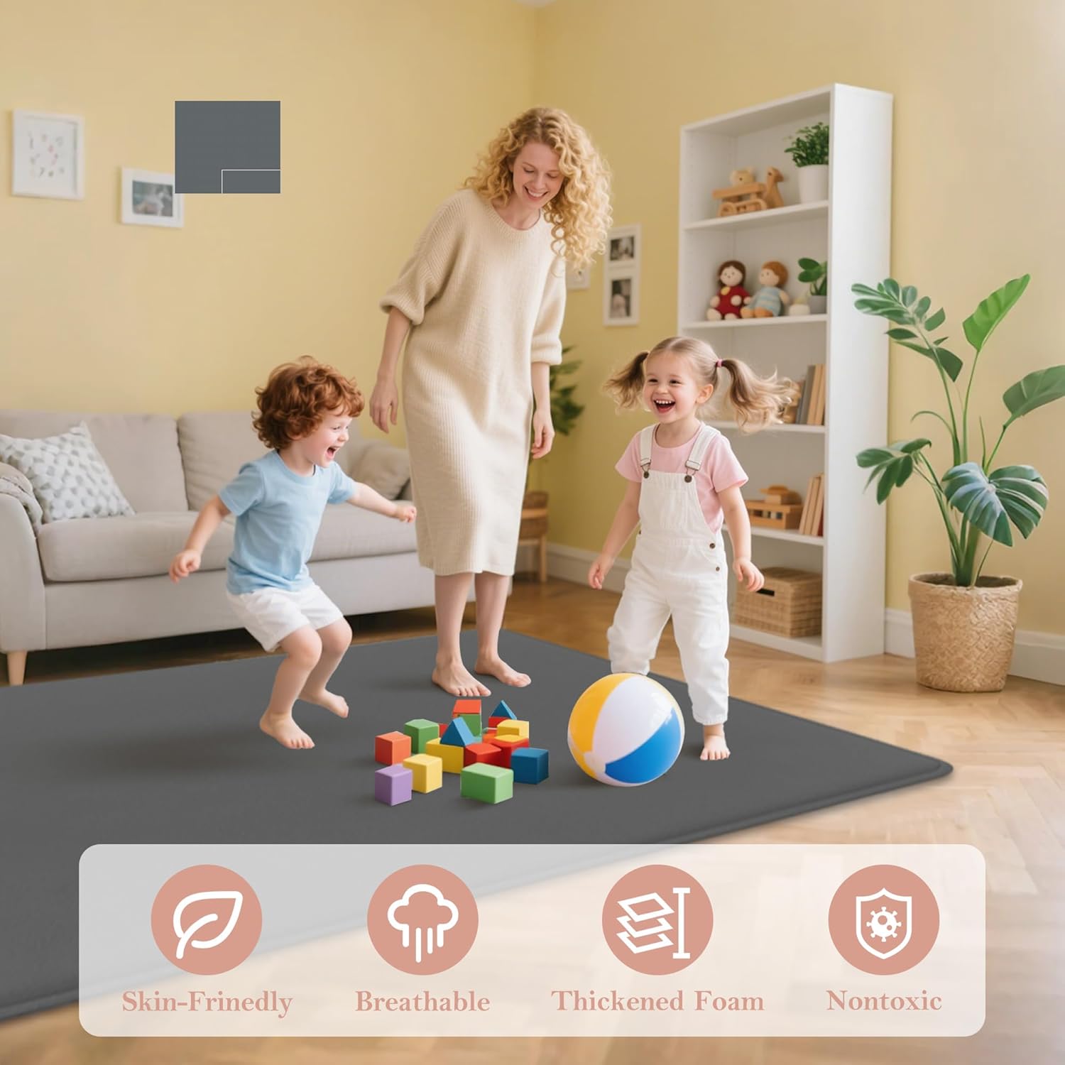 PapaMama 1.3" Thick Baby Play Mat for Floor Playpen, 50x50 Foam Tummy Time Mat, Padded Support Soft Plush Nursery Rug for Infant Kids Toddler Crawling Kick Activity (Dark Grey)