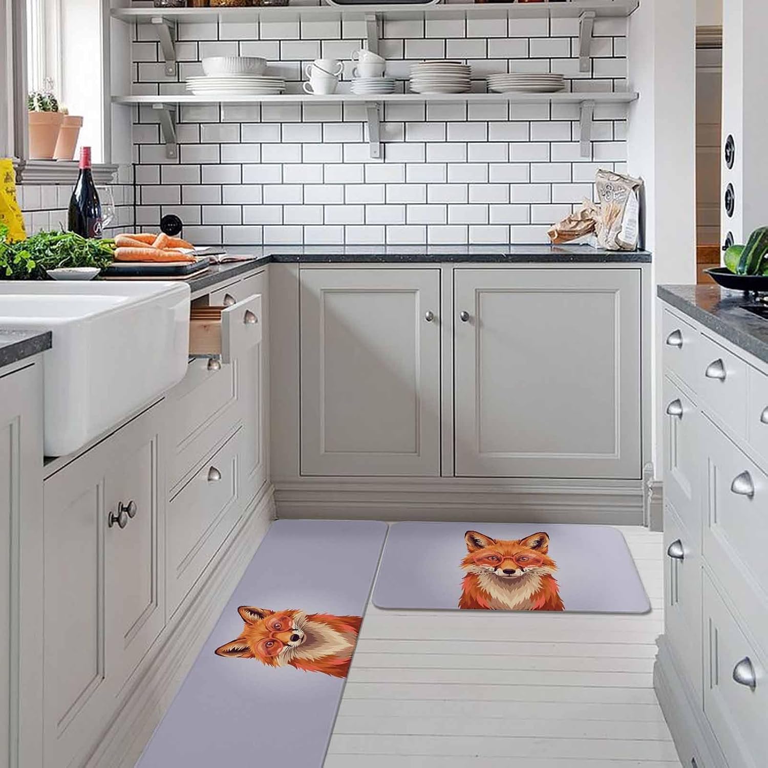 Purple Fox Kitchen Rugs and Mats Set of 2, Non-Slip Kitchen Sink Mat, Funny Animals Modern Art Washable Doormat Bathroom Rugs Runner for Bedroom/Living Room 19.7"x31.5"+19.7"x63"