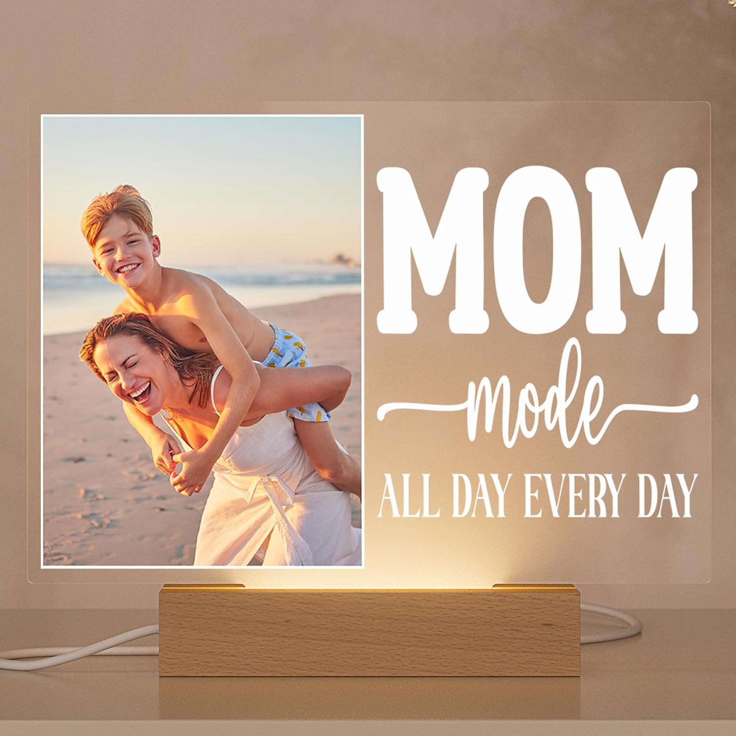 Personalized 'Mom Mode All Day Every Day' Acrylic Photo Plaque - Custom Colorful Gift for Mom with LED Base Option
