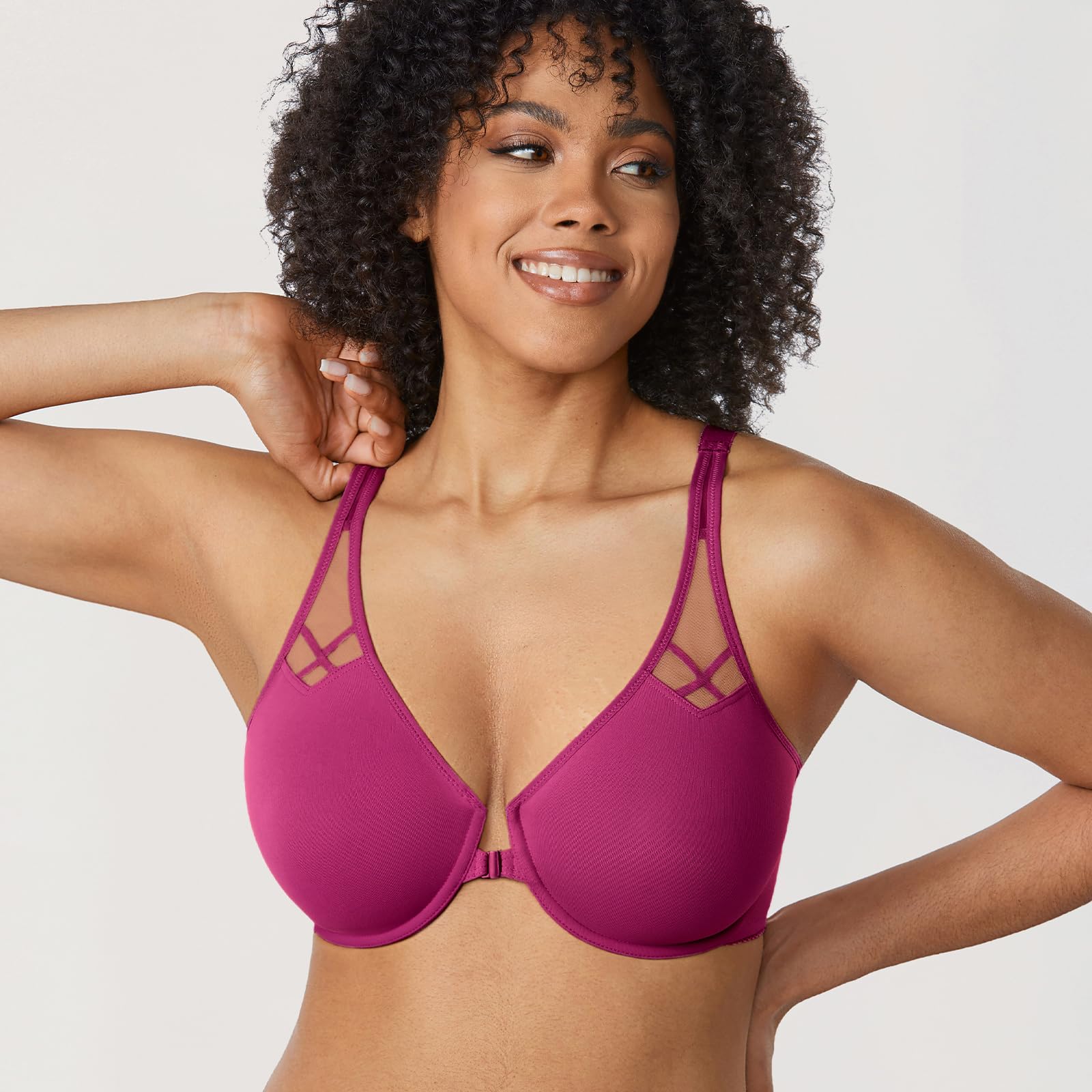DELIMIRA Biustonosz zapinany z przodu racerback Magenta Fioletowy 95G | Duży rozmiar, pełne pokrycie, podtrzymujący, fiszbiny, głęboki dekolt, bez wypełnienia, bez podszewki