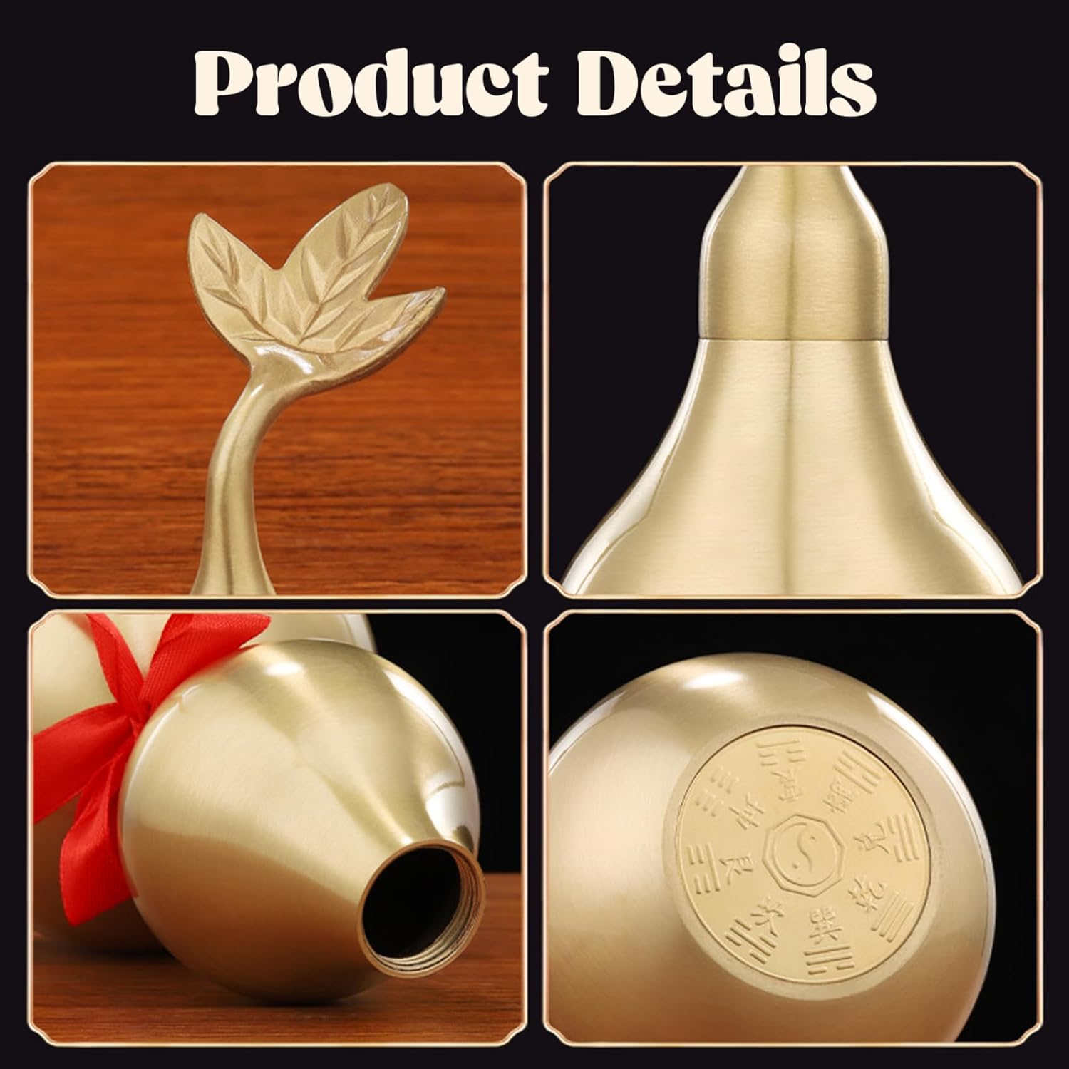 Gourd 8 inch Brass Wu Lou with Opening Lid & Leaf Symbol of Health Longevity and Prosperity Feng Shui Decor for Home Office