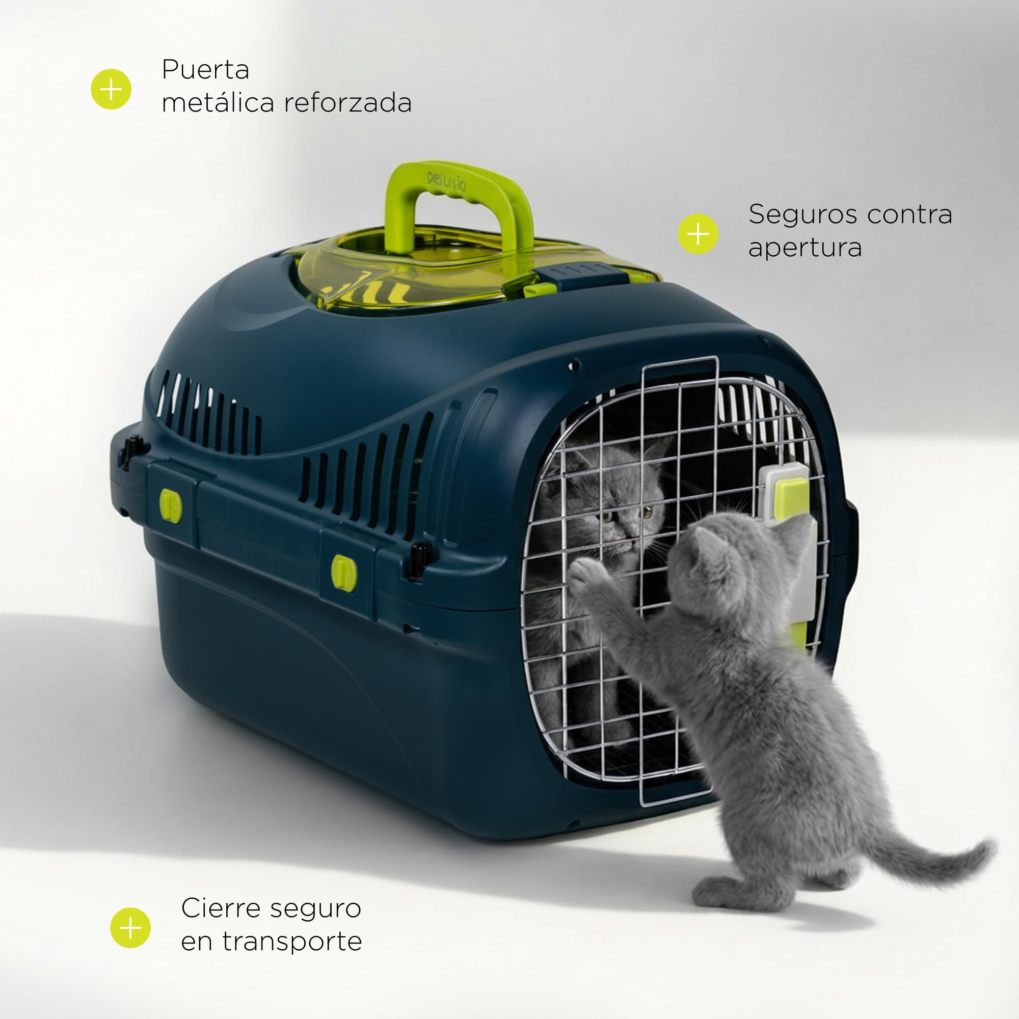 Safy Transportín para Gatos Rígido, Carcasa PP, Puerta de Metal con Doble Cierre Seguro, Ventilación 360, Asa Plegable, Rejilla para Empapador y Cuenco Colgable, para Coche y Viaje, hasta 5 kg